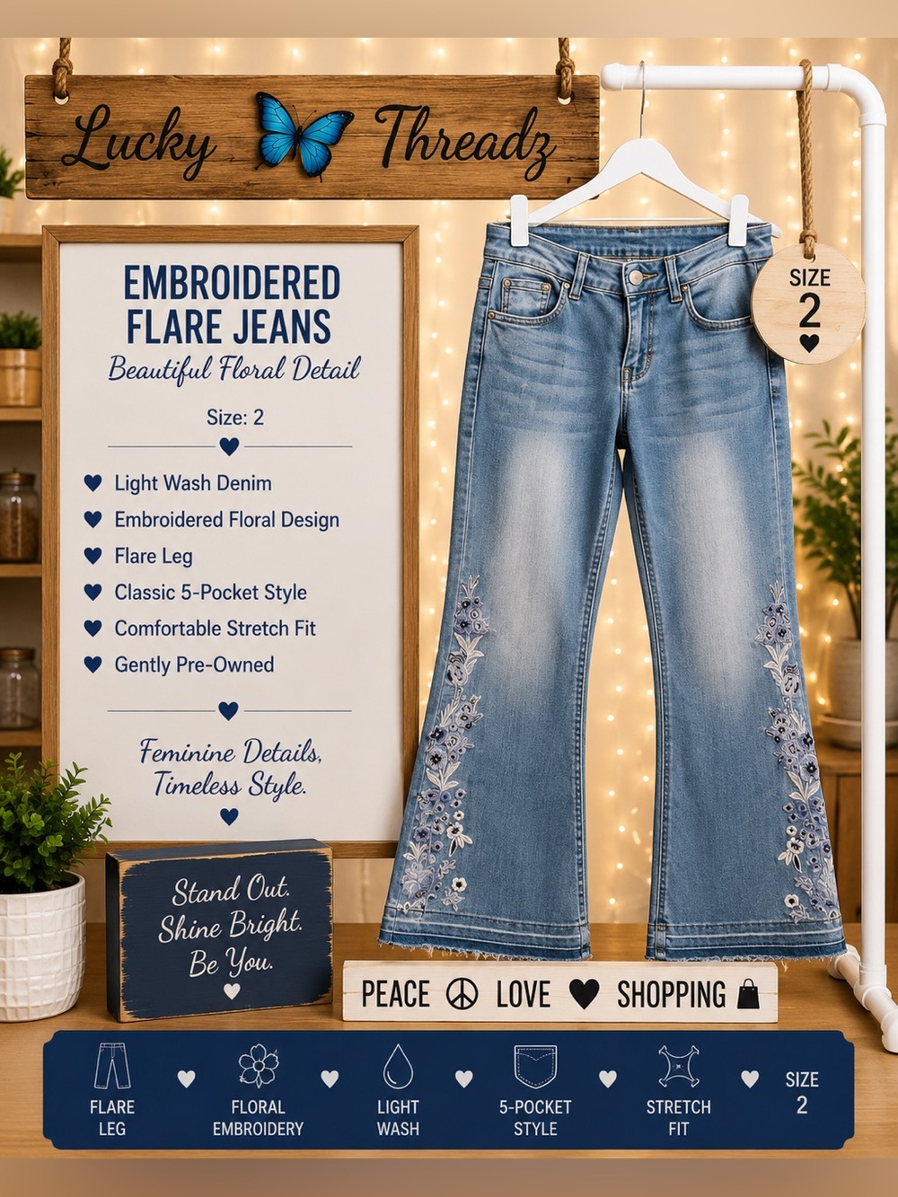 Light Wash Embroidered Flare Jeans - Size 2